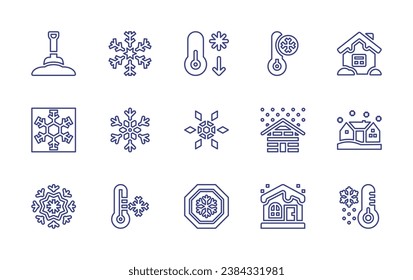 Snow line icon set. Editable stroke. Vector illustration. Containing frost, snowflake, shovel, house, cold, temperature, thermometer, low temperature.
