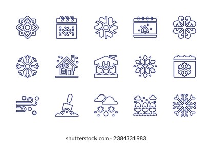 Snow line icon set. Editable stroke. Vector illustration. Containing calendar, house, snowflake, shovel, snowy, winter, sleet, wind.