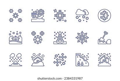 Snow line icon set. Editable stroke. Vector illustration. Containing snow, snow storm, temperature, snowflake, snowfall, shovel, snow avalanche, snowing, pine, snowflakes.