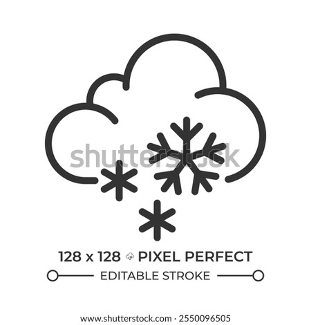 Snow linear icon. Cloud with snowflakes falling. Snowy weather or winter conditions. Weather forecast. Thin line illustration. Contour symbol. Vector outline drawing. Editable stroke