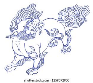 Snow lion traditional Tibetan symbol, isolated vector on a white background