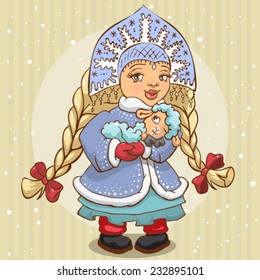 Snow Maiden in blue fur coat holds a lamb. Illustration in vector format