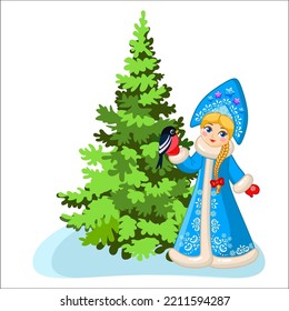 Snow Maiden and Christmas tree with toys in traditional Russian style. New Year vector set for the New Year's card, postcards, stickers
