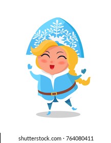 Snow maiden in cute blue warm winter cloth singing carol songs vector illustration postcard isolated on white background, russian snegurochka