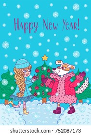 Snow Maiden and cute dog on the background of a winter landscape. Vector illustration is suitable for decorating cards, invitations
