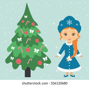snow maiden and fir-tree with ornaments