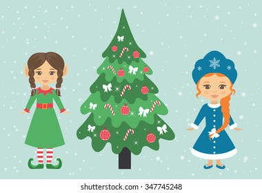 snow maiden and girl elf with braid and fir-tree