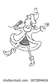 Snow maiden with a microphone. New year's karaoke. Hand drawing. Black and white illustration.
