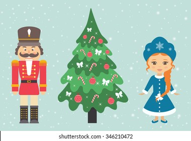 snow maiden and nutcracker and fir-tree