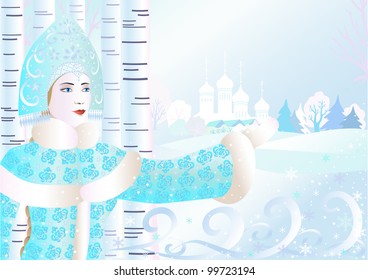 Snow maiden on the background of birch trees, winter nature and the Orthodox Church.