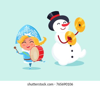 Snow maiden play on drums and snowman on cymbals vector illustration cartoon characters isolated on blue background. Drum kit perform by fairy heroes