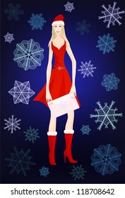 Snow maiden in red dress, fur boots and holiday New Year cap with decorative envelope in her hands on dark blue background with stylized artistic snowflakes. Eps 10 vector illustration