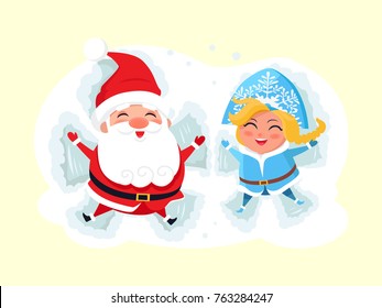 Snow Maiden And Santa Claus Making Angel On Snow Icon Isolated On White Background. Vector Illustration With Christmas Characters Having Fun In Deep Snow