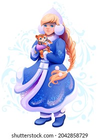 Nieve Maiden Snegurochka nieta de la claus rusa santa sostiene tigre pequeño en sus manos, símbolo del año 2022, al calendario chino. Dibujo navideño de dibujos animados