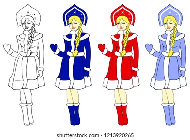 Snow Maiden in three colors and sketch. Waving his hand.