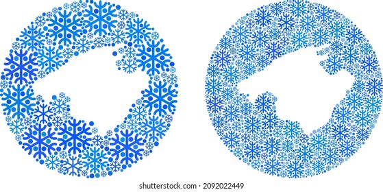 El mosaico cartográfico de la nieve de Mallorca está diseñado con forma circular y tallada. Collage de mapas de vectores de Mallorca de elementos de nieve en tamaños variables y tonos azules. Diseñado para noticias navideñas.