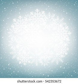 Lot of snow make globe on light blue background. Many big and small snowflake. Christmas and New Year backdrop