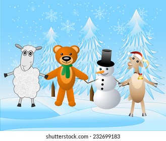 snow man with beasts on a festive background,  vector  illustration