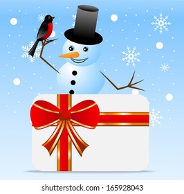 snow man with a bird bullfinch and greeting-card,  vector  illustration