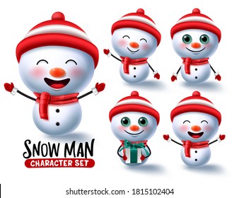 Snow man character vector set. Snowman christmas characters In different pose and gestures wearing red scarp and hat isolated for winter cartoon collection design. Vector illustration    
