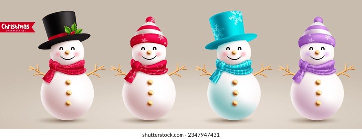 Diseño de conjunto vectorial de caracteres de nieve. Colección navideña de personajes de snowman con decoración de sombrero, bufanda y elementos de ramas. Ilustración vectorial para la decoración de la temporada invernal.