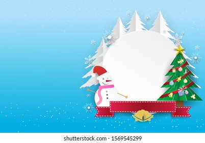 snow man and chrismas tree with circle white copy space and white snowflake on blue background.xmas,paper