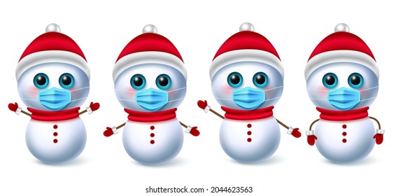Snow man christmas character vector set. Snowman collection characters wearing face mask for covid-19 campaign for new normal xmas elements design. Vector illustration.

