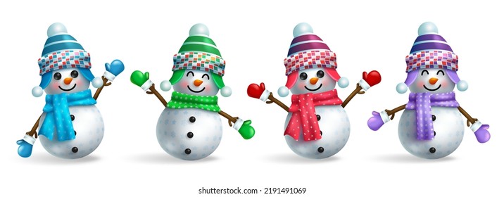 Snow man christmas characters vector set. Snowman 3d kids character in friendly and cute faces with hat, scarf and gloves isolated in white background for xmas collection design. Vector illustration.
