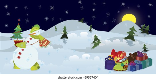 Snow man with Christmas tree in the pot  banner