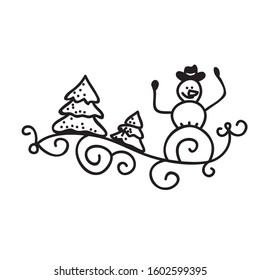 Snow man and Christmas tree. Vector illustration