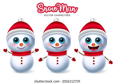 Snow man christmas vector characters set. Snowman character in cute standing pose and gesture wearing hat and scarf elements for xmas winter holiday collection design. Vector illustration