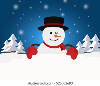 Snow man in snow with copy space. Concept design for greeting card, poster, banner on Christmas and new year season in vector illustration