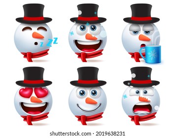 Snow man emoji characters vector set. Snowman 3d emojis character in cute facial expression like drinking, inlove, cold and sleeping for xmas winter emoticon collection design. Vector illustration
