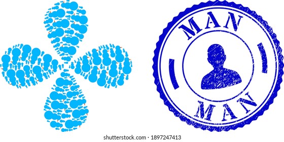 Snow man explosion flower with four petals, and blue round MAN textured stamp with icon inside. Element flower combined from oriented snow man items. Vector flower collage in flat style.