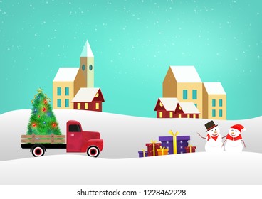 snow man. snow female. village with christmas tree christmas Santa Claus with deers. many gifts box