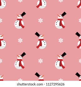 Snow man with snow flake seamless pattern. Cute Christmas holidays cartoon character background.