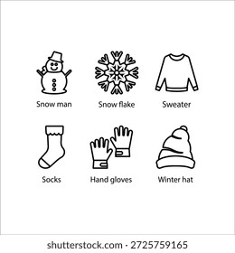 Hombre de nieve, copo de nieve, suéter, calcetines, guantes de mano, sombrero de invierno, icono