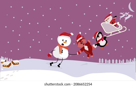 snow man, fox and penguin wishes everyone a happy new year. merry christmas card, gift, poster, illustration and vector