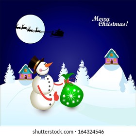 snow man with green bag 