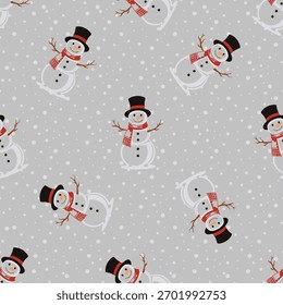 Snow man icon set, Cute winter snowmen Christmas vector repeat pattern, doted grey background.
