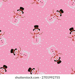 Snow man icon set, Cute winter snowmen Christmas vector repeat pattern, doted pink background.