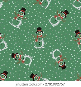 Snow man icon set, Cute winter snowmen Christmas vector repeat pattern, doted green background.