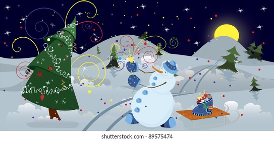 Snow man making firework in the night  banner