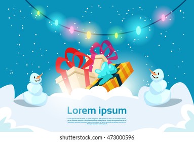 Snow Man With Present Box Christmas Celebration New Year Greeting Card Flat Vector Illustration