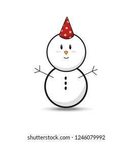 snow man with red party hat and yellow star