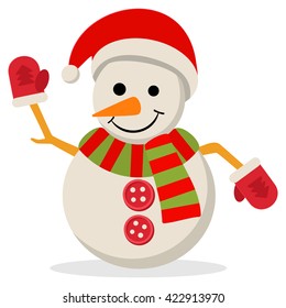 Snow Man in santa claus cap. Vector illustration isolated on white. Merry christmas concept with snowman in scarf gloves and hat.