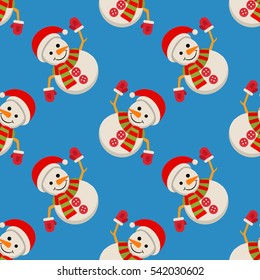 Snow Man in santa claus cap. Merry christmas concept with snowman in scarf gloves and hat. Xmas seamless pattern, tiling ornament. Vector illustration.