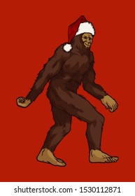 Snow man in Santa Claus hat - Christmas bigfoot illustration - Santa sasquatch