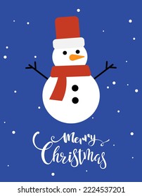 Snow man with snowflakes on blue background, Merry Christmas text Happy, X'mas new year greeting gift template.
 Vector design illustration.