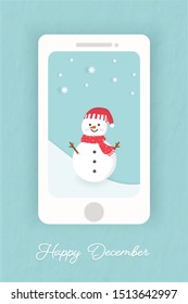 snow man stand among snowflake sweet smiling face.smartphone blue pastel background.cartoon design kawaii style winter.merry christmas vector love holiday season of the year.happy december wording